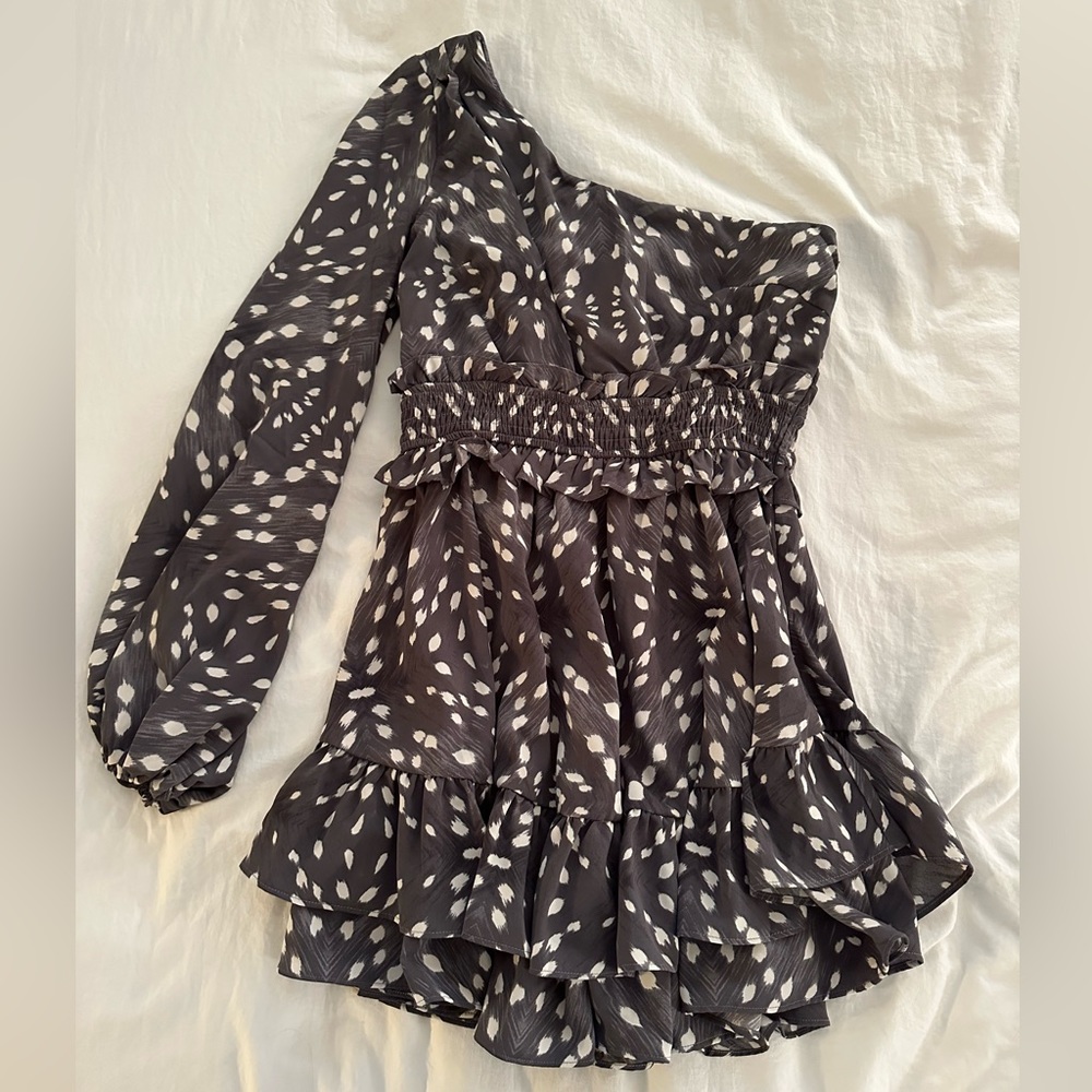 Grey one shoulder dress with white polka dots, worn once, perfect condition